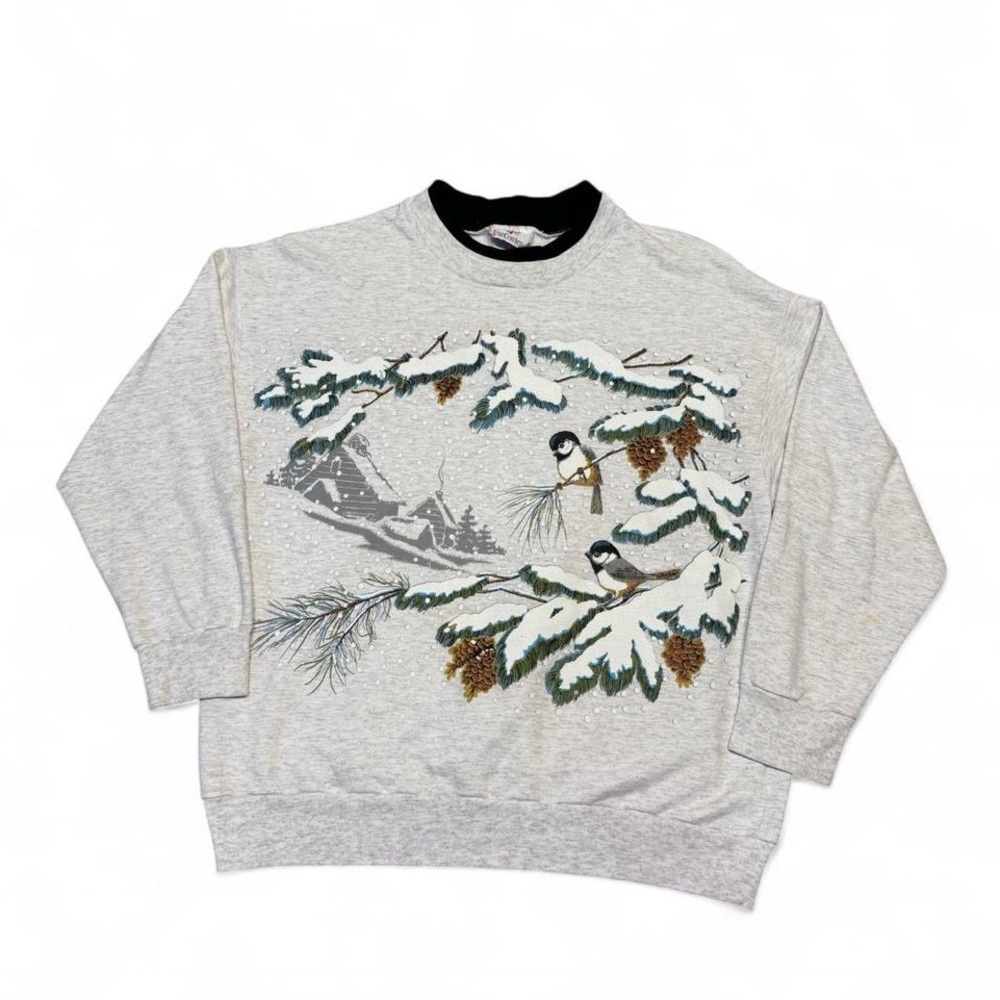 VTG 90s nutcracker winter landscape bird big print crewneck grey M women’s USA
